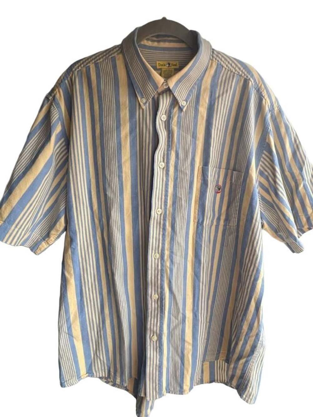 Duck Head Men's Yellow and Blue Striped Short Sleeve Button Down Shirt Size L